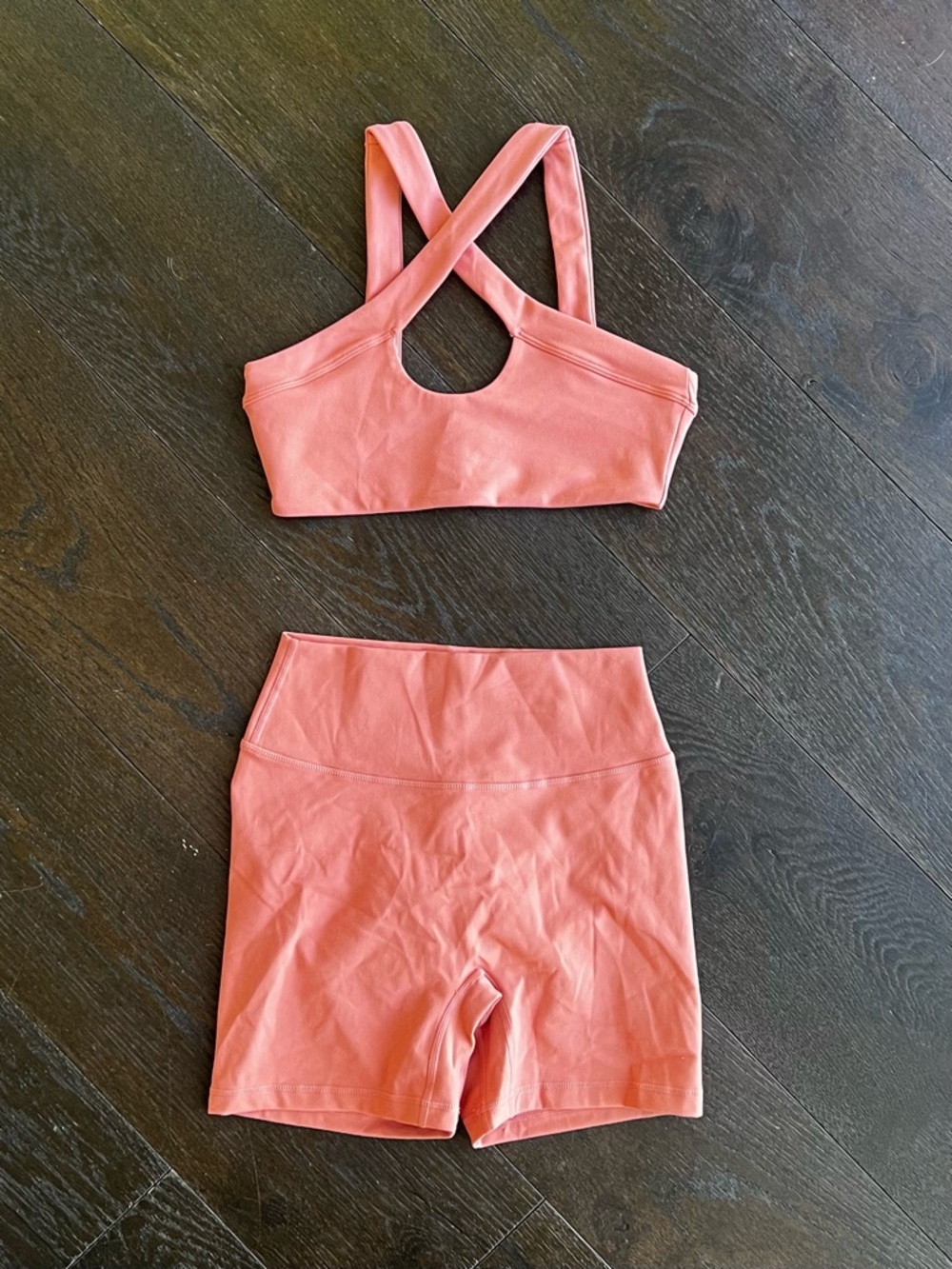 Coral Crossback Sports Bra and High-Waist Bike Shorts Set